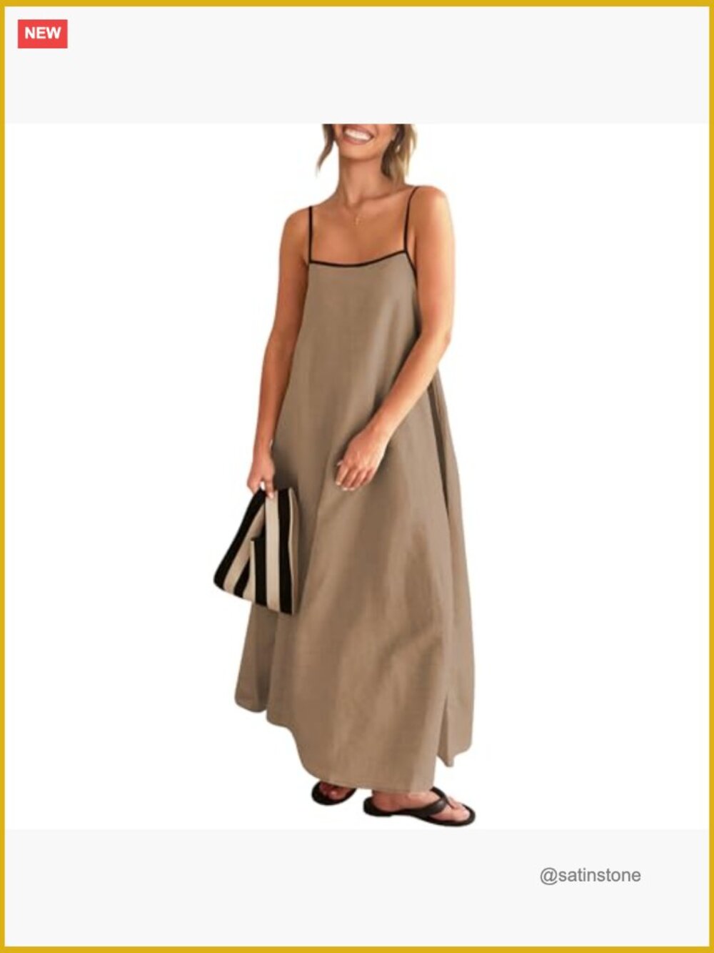 Linen Maxi Dress with Contrast Trim, Spaghetti Straps, Backless, Side Pockets - Picture 2 of 7